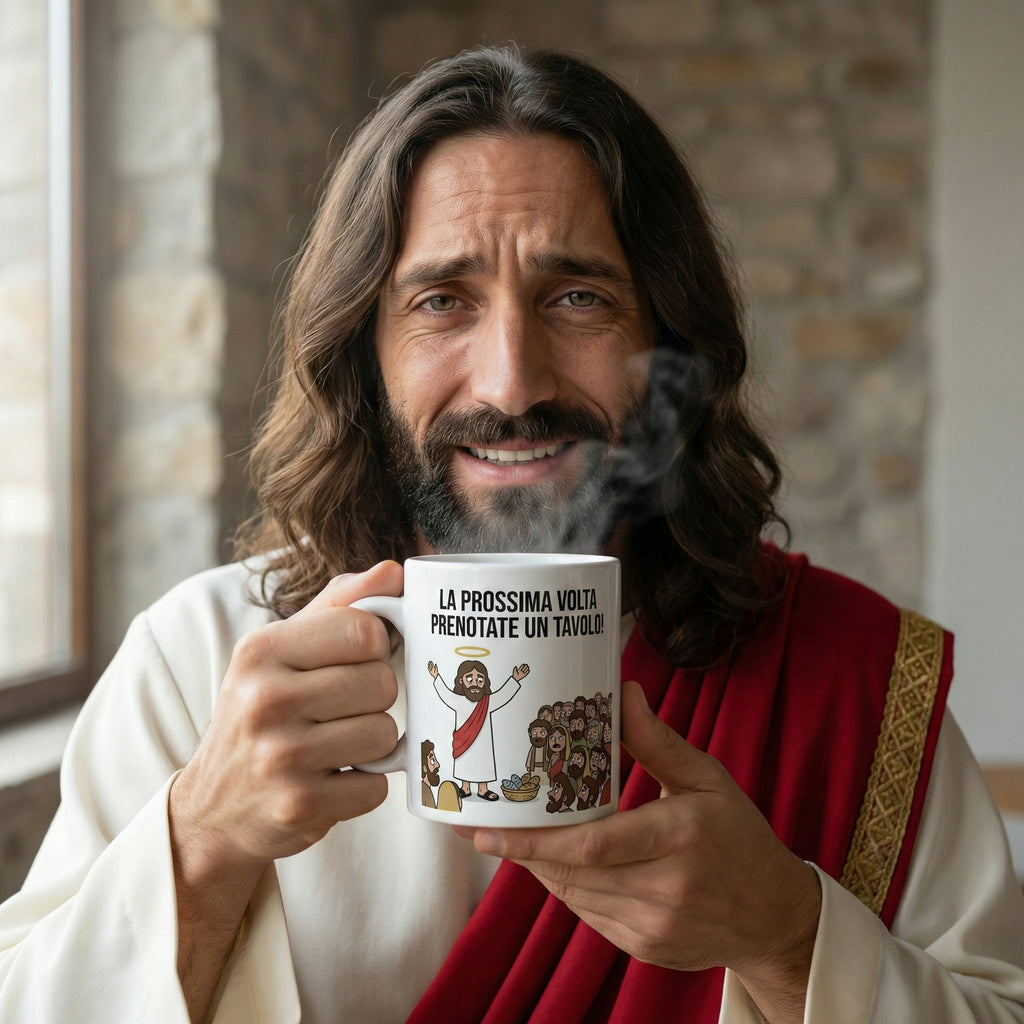 Tazza Divertente Gesù Moltiplicazione Pani e Pesci - Prenotate un Tavolo - VlogOfJesoo